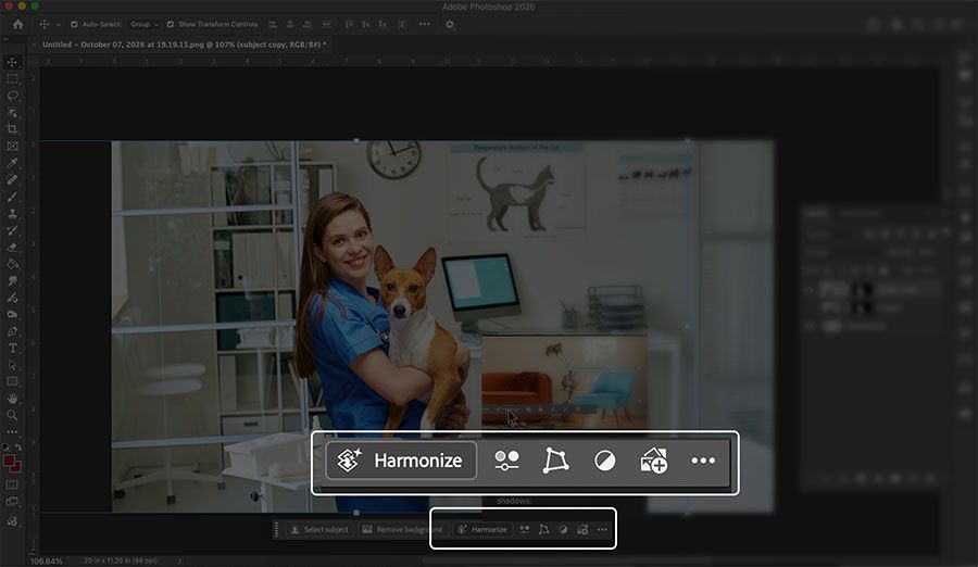 Photoshop with a cutout of a veterinarian holding a dog placed over a clinic background, and the Harmonize button highlighted in the Contextual Task Bar.