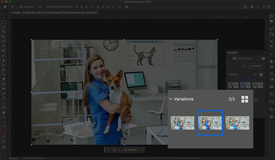 Photoshop's Properties panel showing three Harmonize variations of the veterinarian composite, with the second variation selected.