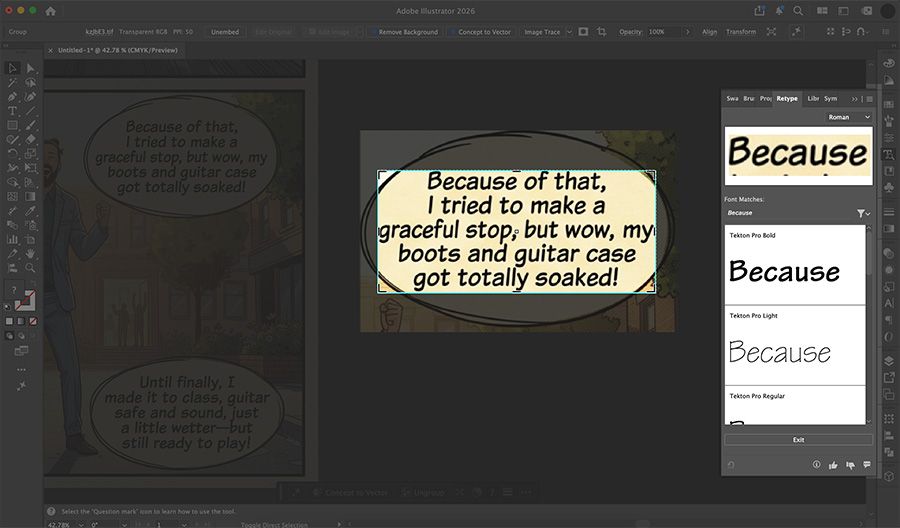 Illustrator with a comic speech bubble selected and the Retype panel open, listing Tekton Pro Bold, Tekton Pro Light, and Tekton Pro Regular as matches for the word Because.